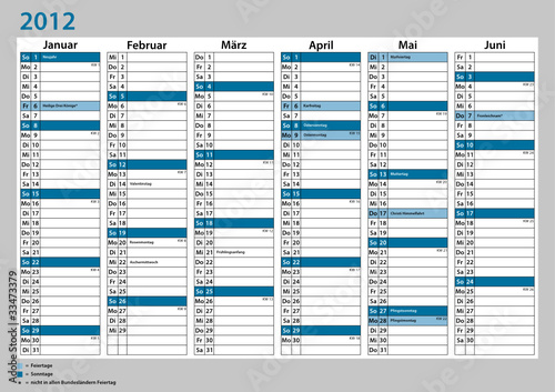 Kalender Deutschland 2012 - doppelseitig A4 - Januar-Juni