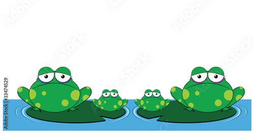 Family of frogs sat on lily pads