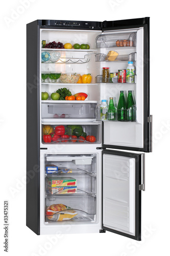 Two door black refrigerator isolated on white