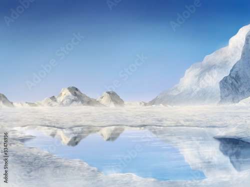snow covered mountains reflected in a frozen lake photo
