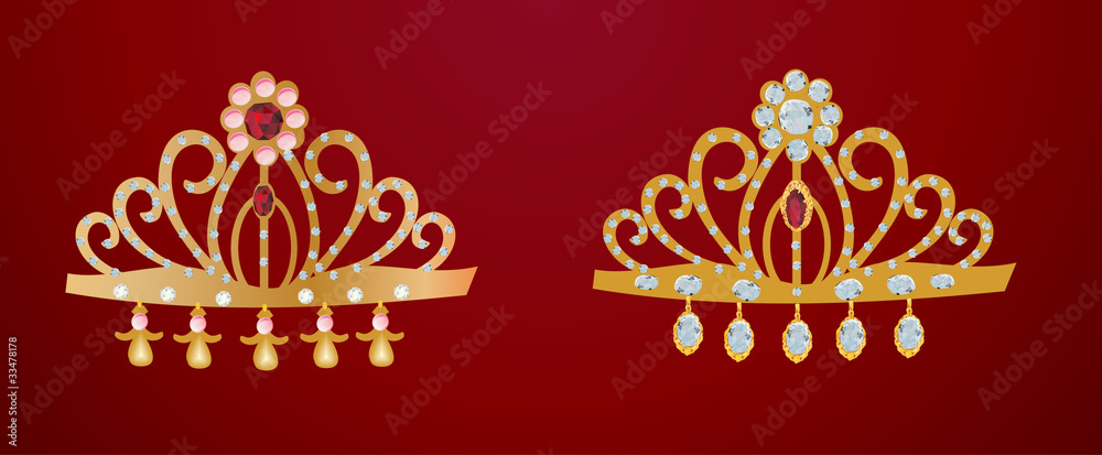 two gold diadems isolated on red two gold diadems isolated on red
