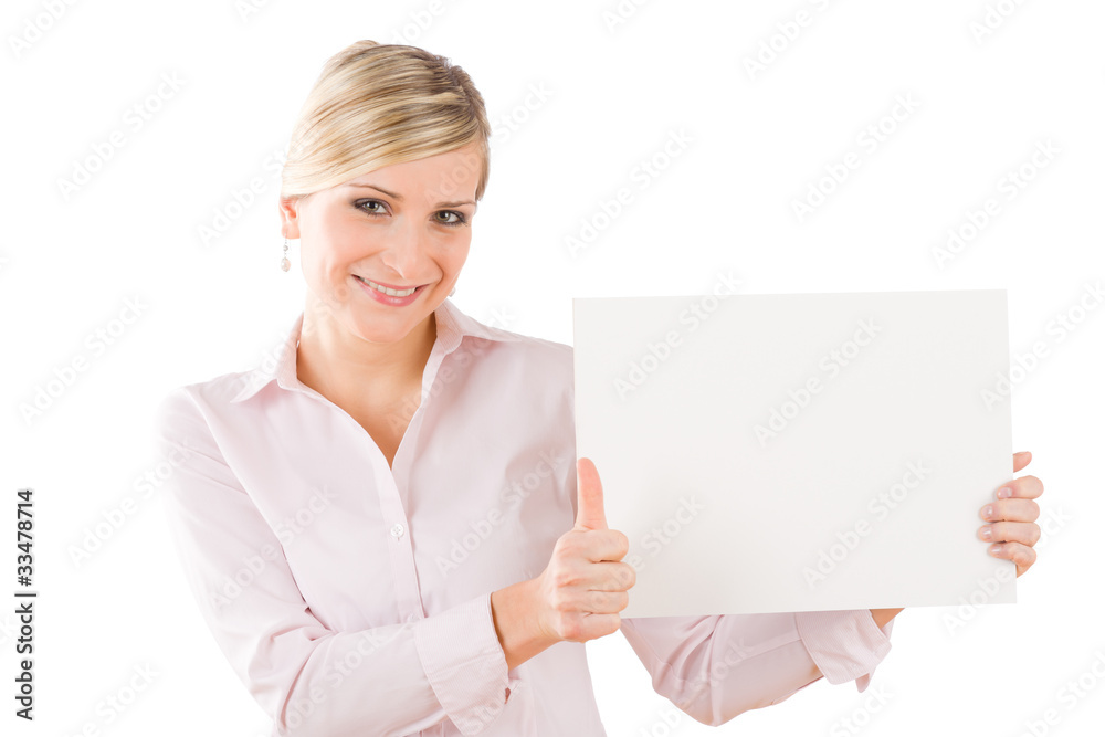 Happy businesswoman hold empty banner thumbs up Happy businesswoman hold empty banner thumbs up