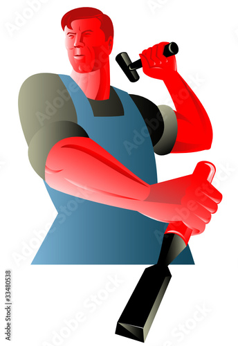 carpenter tradesman worker with chisel and hammer