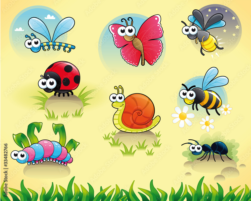 Bugs + 1 snail. Funny cartoon and vector isolated characters.