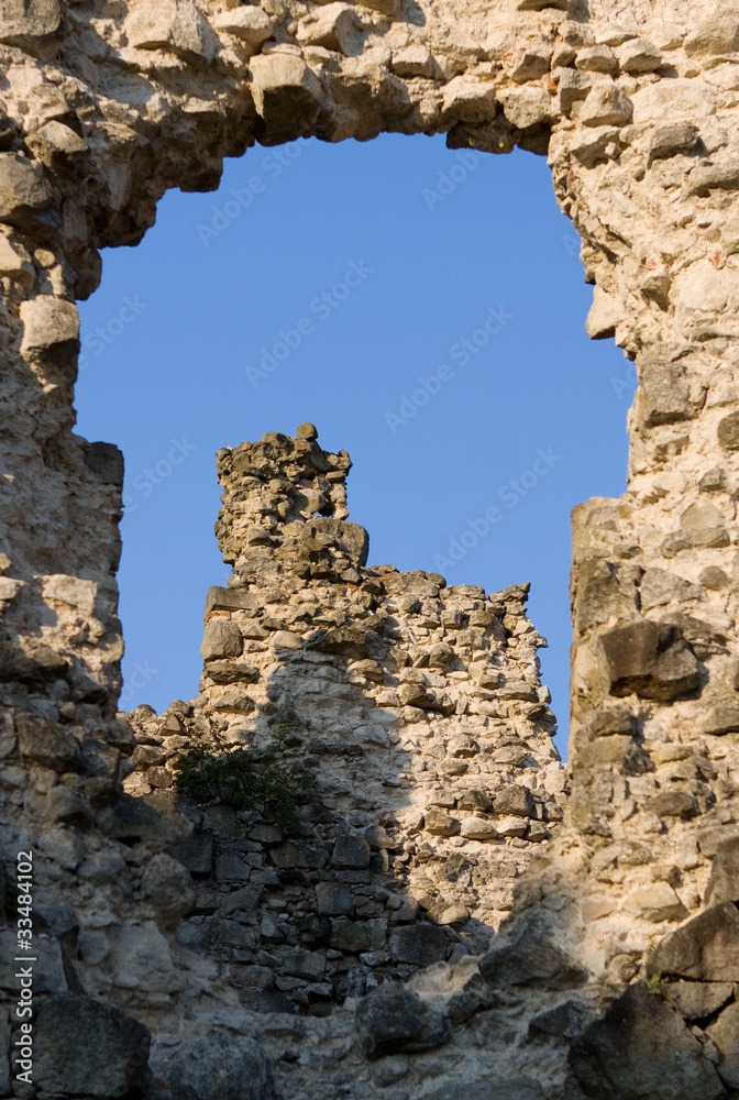Naklejka premium Old castle ruins in Transcarpathian Ukraine village Seredne