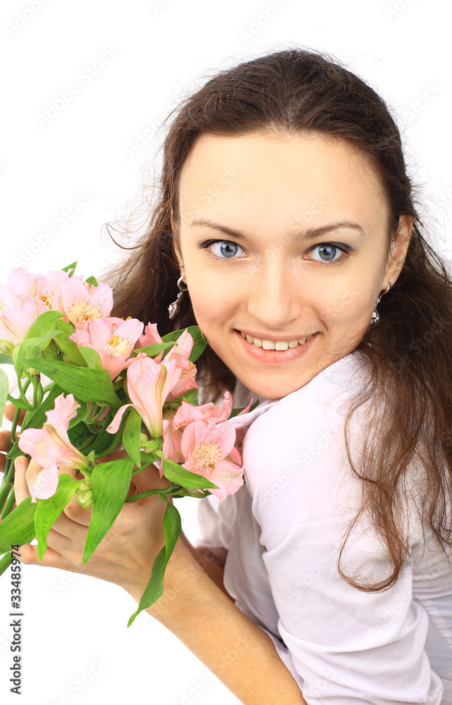 Beautiful woman with pink flowers lily isolated Beautiful woman with pink flowers lily isolated