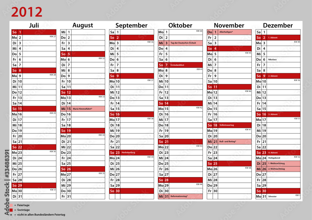 Kalender Deutschland 2012 - doppelseitig A4 rot - Juli-Dezember Stock ...