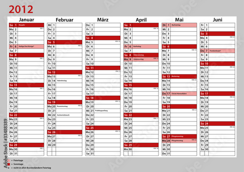 Kalender Deutschland 2012 - doppelseitig A4 rot - Januar-Juni