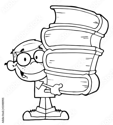 Smart School Boy Carrying A Stack Of Books