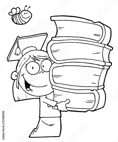 Outlined Graduate School Girl Carrying A Stack Of Books