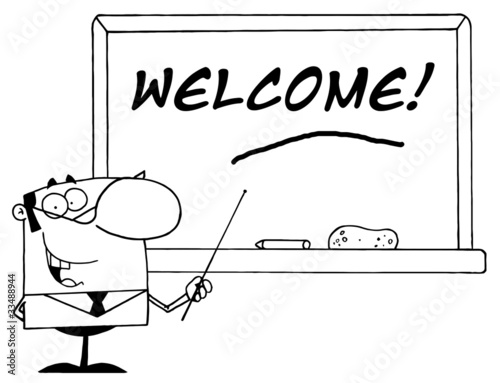 Outlined Male School Teacher Pointing To A Welcome Chalkboard