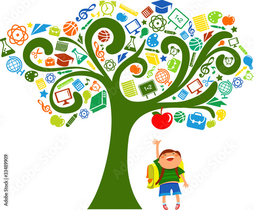 Obraz powrót do szkoły - drzewo z ikonami edukacji