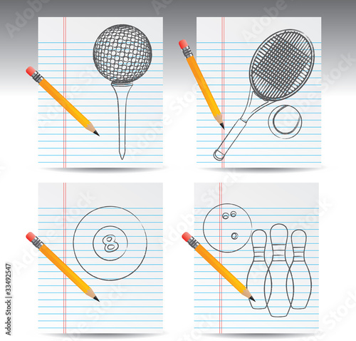 Pencil sketches of sports balls and equipment