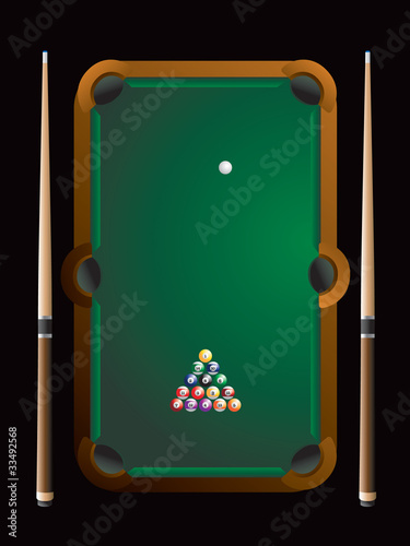 Aerial view of pool table with balls and sticks