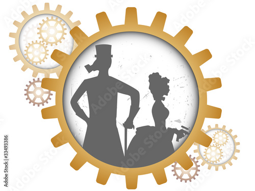 Silhouettes of steampunk couple inside shadow gear