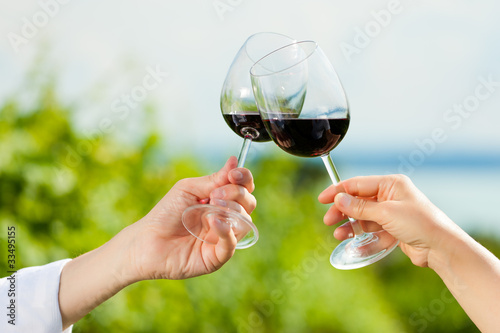 Paar trinkt Wein am See im Sommer