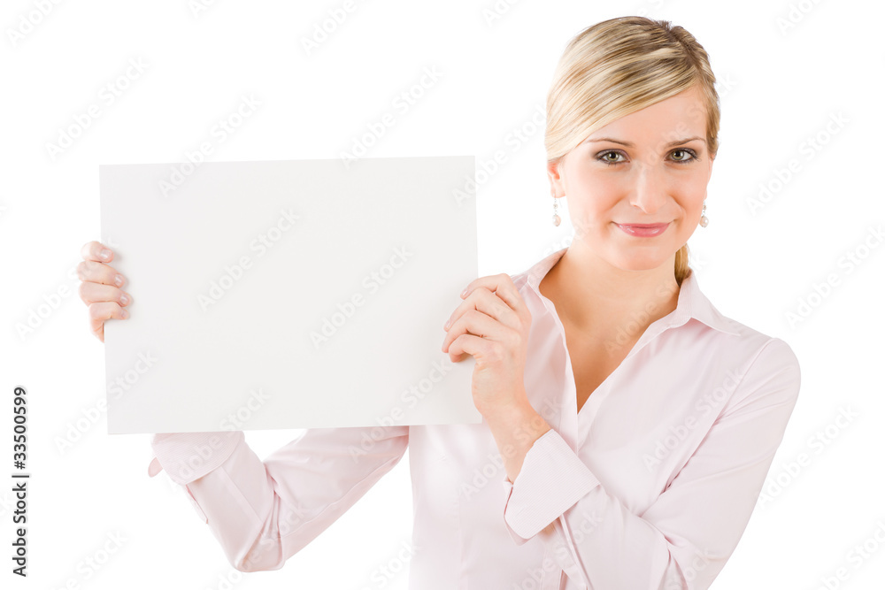 Happy businesswoman hold aside empty white banner Happy businesswoman hold aside empty white banner