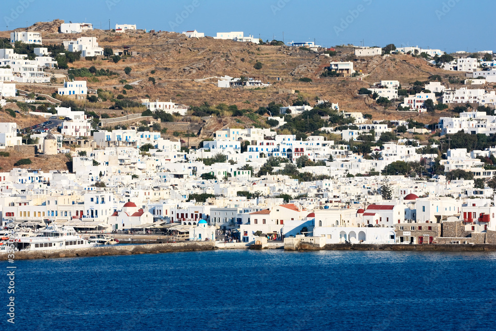 white washed houses on the shore of Mykonos island