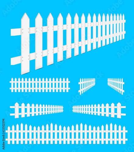 set of perspective white fence isolated on blue