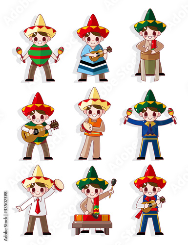 cartoon Mexican music band icon set.
