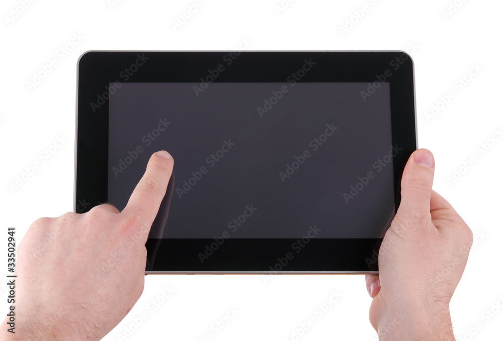 simple exemplary tablet in man's hands, over white simple exemplary tablet in man's hands, over white