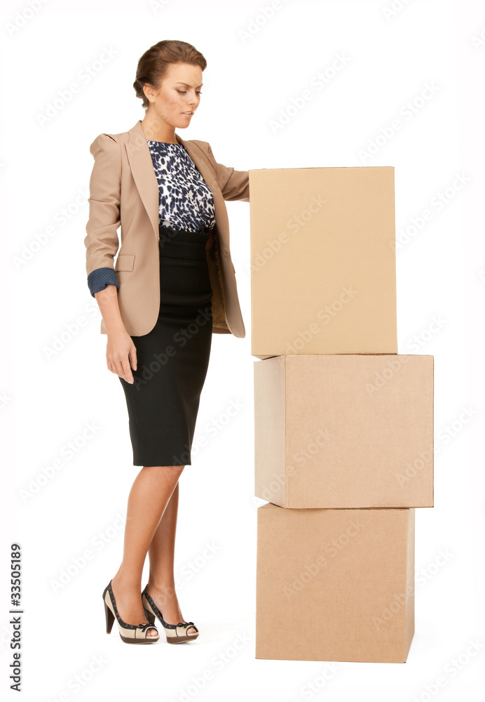 attractive businesswoman with big boxes attractive businesswoman with big boxes