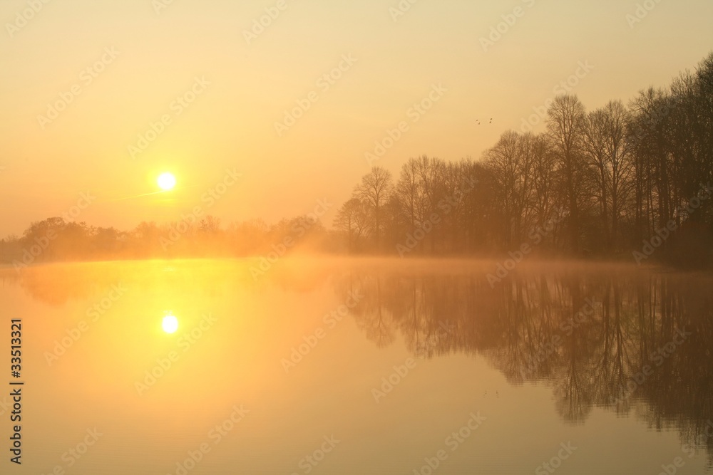 Sunrise over the lake with the reflection of bare trees in water