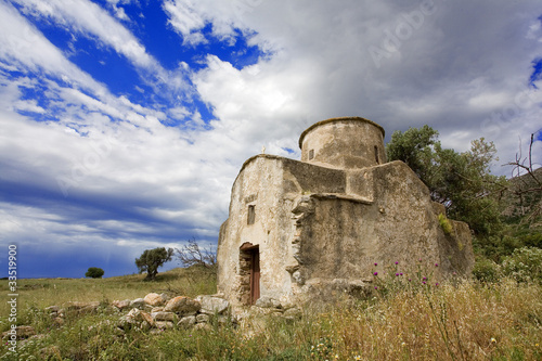 фотография grèce; cyclades; naxos : église byzantile et olivier