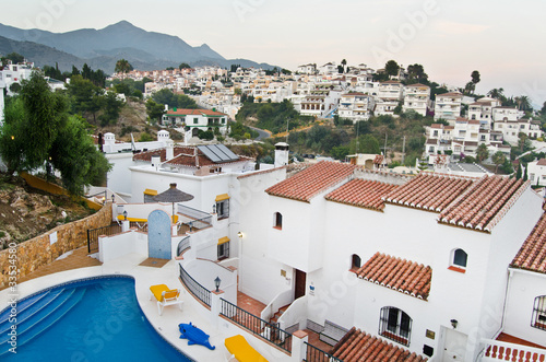 Architecture of Nerja, Spain with Pico el Cielo in distance