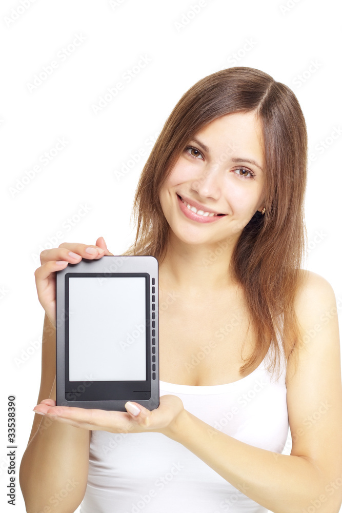 girl with e-book on white background