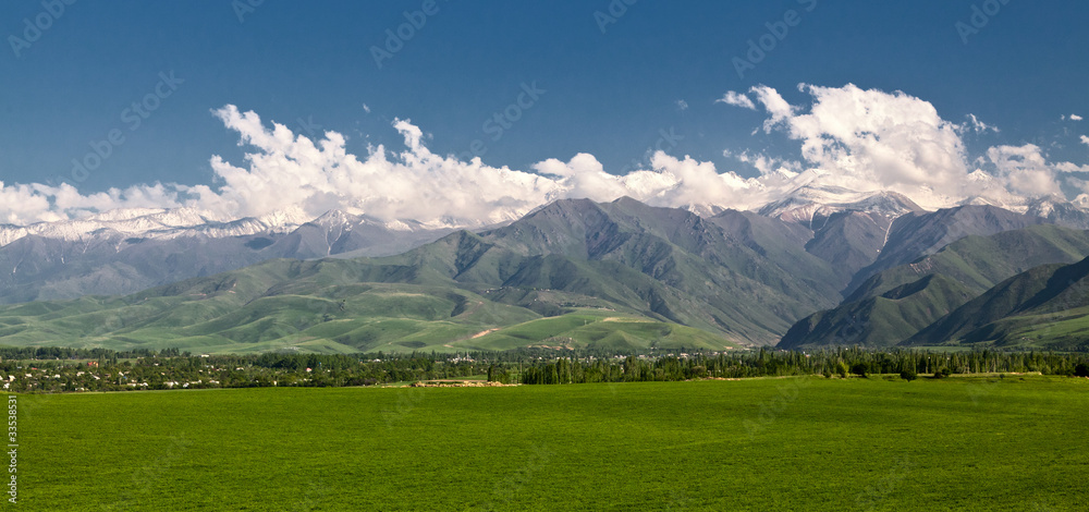 Panoramic mountain landscape with a  green field