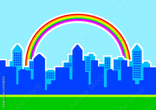 Blue silhouette of city with rainbow