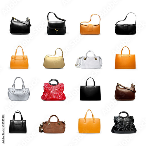 A woman's handbag on a white variety.