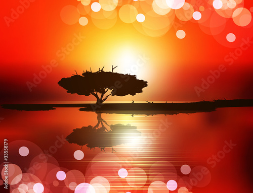 vector sunset (the tree on the water against the setting sun)