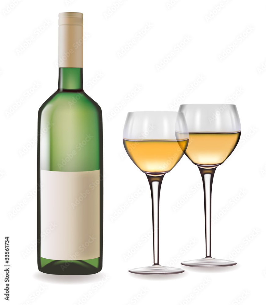 Bottle of white wine and two glasses. Vector illustration.