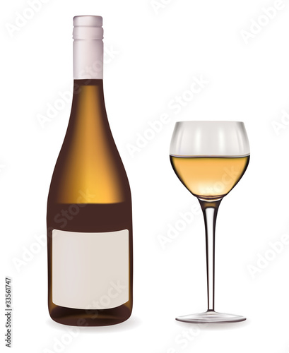 Bottle of white wine and a wine glass. Vector illustration.