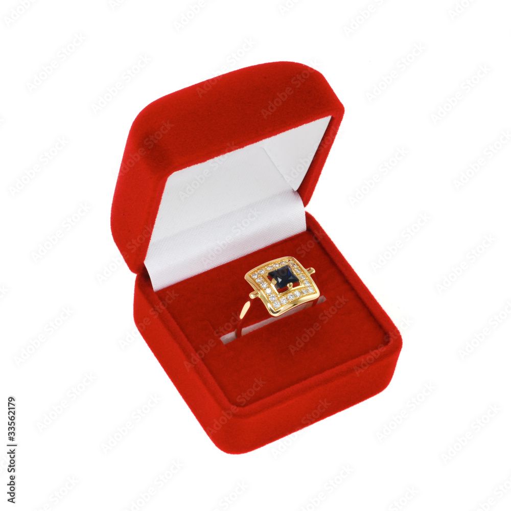female diamond and sapphire ring in red velvet box female diamond and sapphire ring in red velvet box