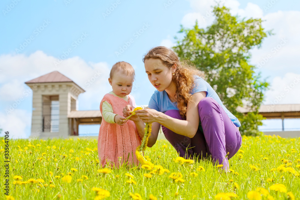 Fototapeta premium Happy family. Mum walks with a small daughter