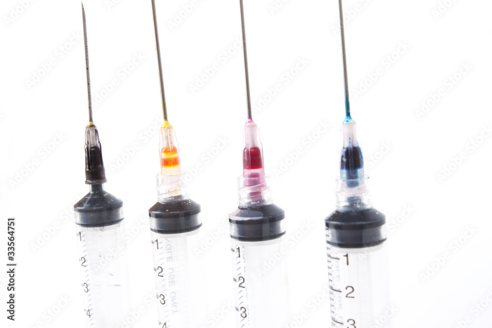 CMYK, Four inkjet colors for printer in syringes. - obrazy, fototapety, plakaty 