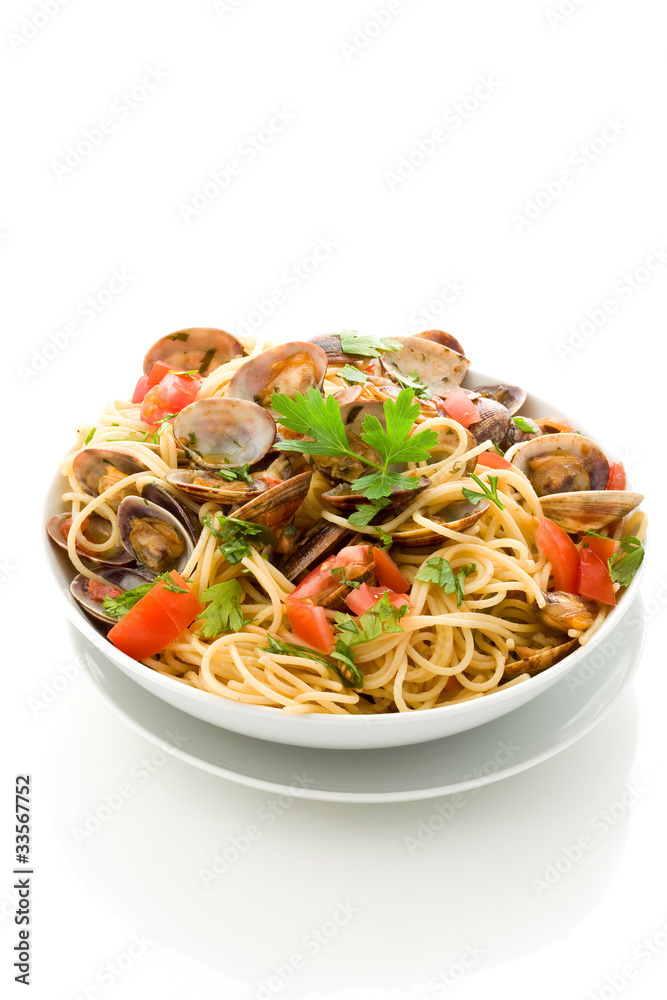 Pasta with Clams on white isolated background Pasta with Clams on white isolated background