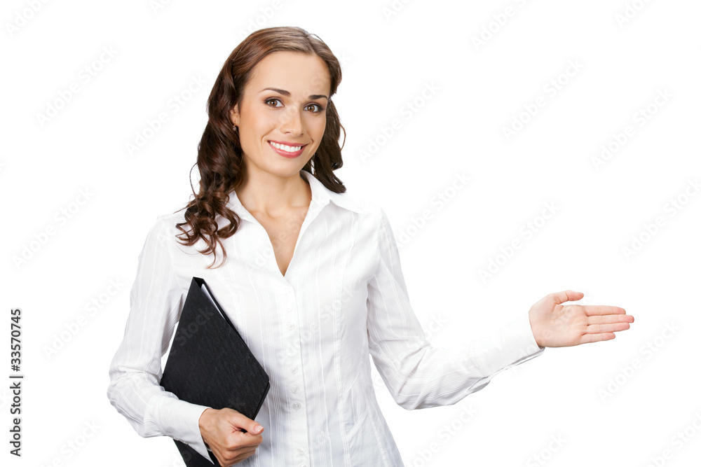 Happy smiling young business woman showing, isolated Happy smiling young business woman showing, isolated