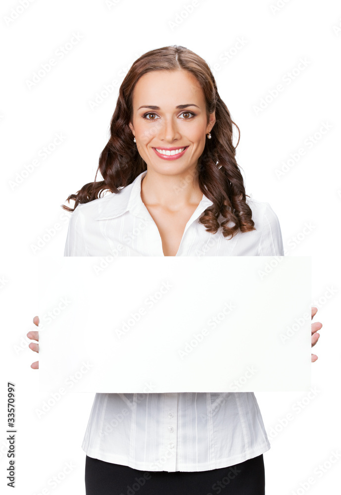 Smiling businesswoman showing blank signboard, isolated Smiling businesswoman showing blank signboard, isolated