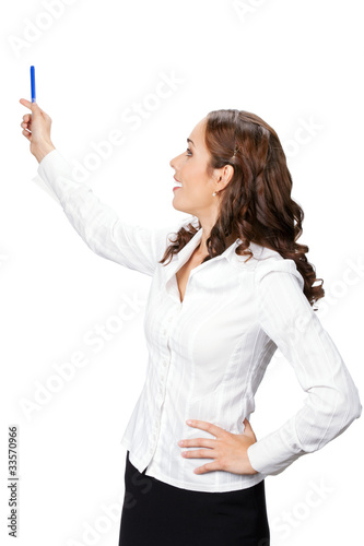 Businesswoman showing blank area for sign or copyspase