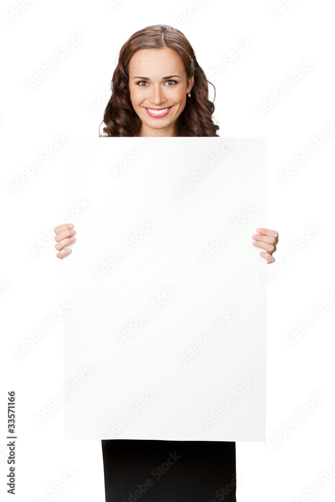 Smiling businesswoman showing blank signboard, isolated Smiling businesswoman showing blank signboard, isolated
