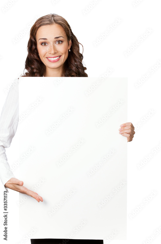 Smiling businesswoman showing blank signboard, isolated Smiling businesswoman showing blank signboard, isolated
