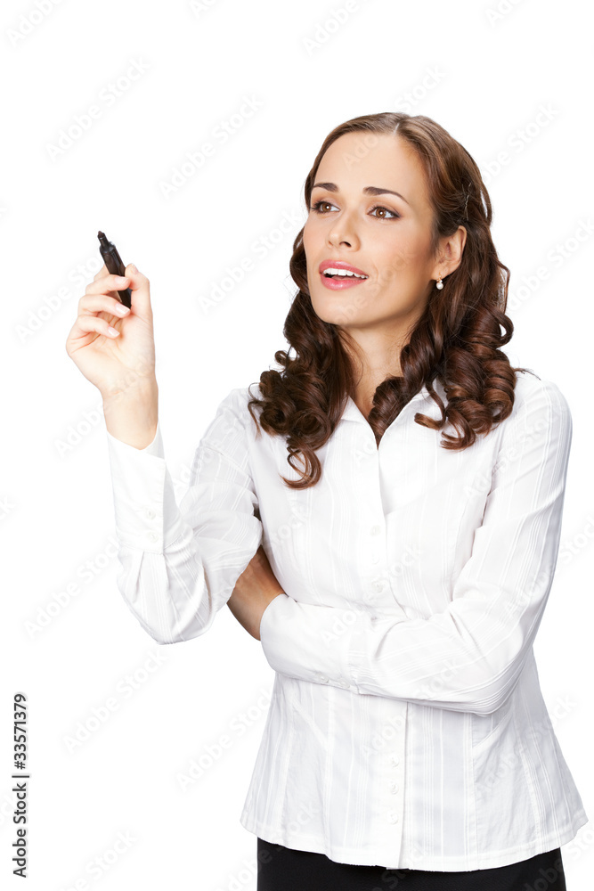 Businesswoman writing or drawing on screen, on white Businesswoman writing or drawing on screen, on white
