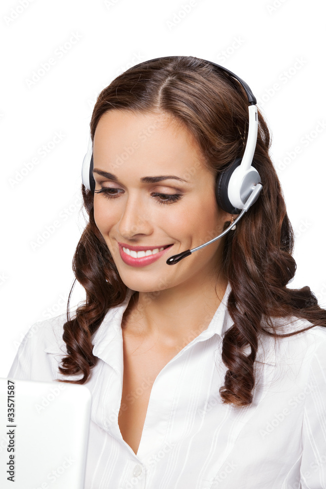 Young support phone operator in headset with laptop, isolated Young support phone operator in headset with laptop, isolated