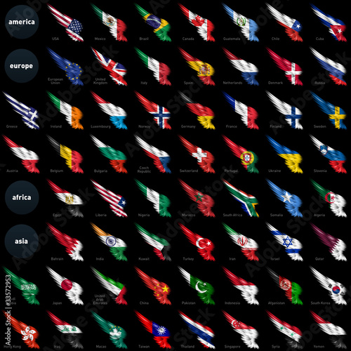 Big Set of european, african and american flags on wings