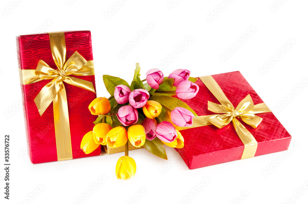 Celebration concept - gift box and tulip flowers Celebration concept - gift box and tulip flowers