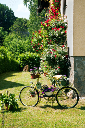 Fahrrad als Halter für Blumenschmuck 673
